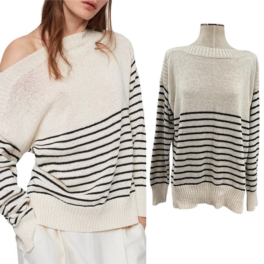 AllSaints Ives Breton Sweater Jumper Striped Cotton‎ Blend Cream Size Small